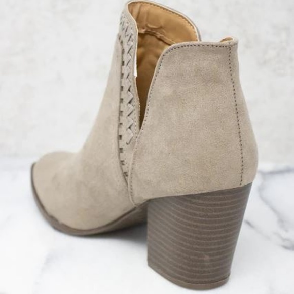 Ankle Heel Taupe Suede Booties with Braided stitch - Picture 5 of 8